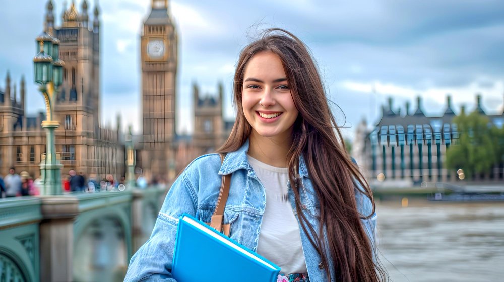 A smiling female student holding study materials in front of Big Ben and the Houses of Parliament in London—symbolising education in the UK.