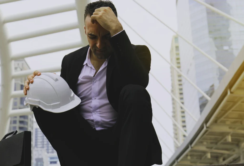 Dismissed employee sitting with a hard hat, looking distressed after leaving the workplace, representing constructive dismissal and unfair resignation cases in the UK.