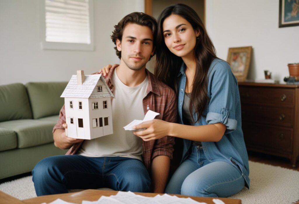 A young couple holding a small model house and paperwork, representing housing and welfare benefit support in the UK.