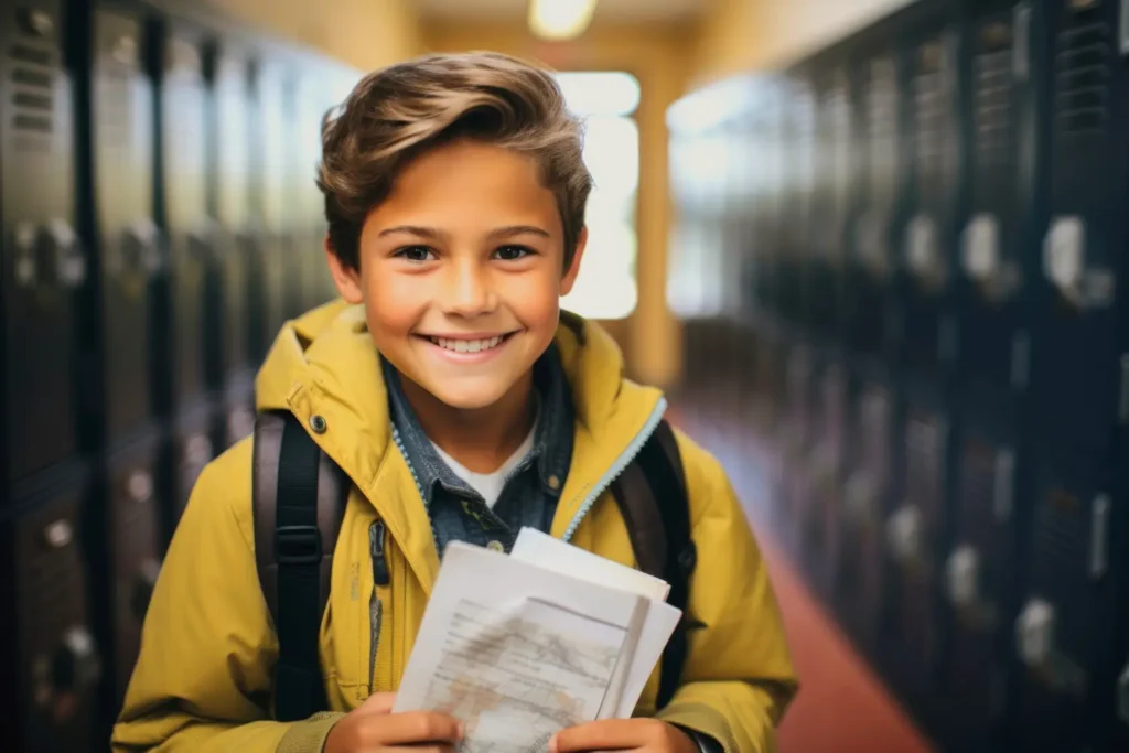 A smiling child holding school documents in a hallway, representing UK Child Student Visa applications.