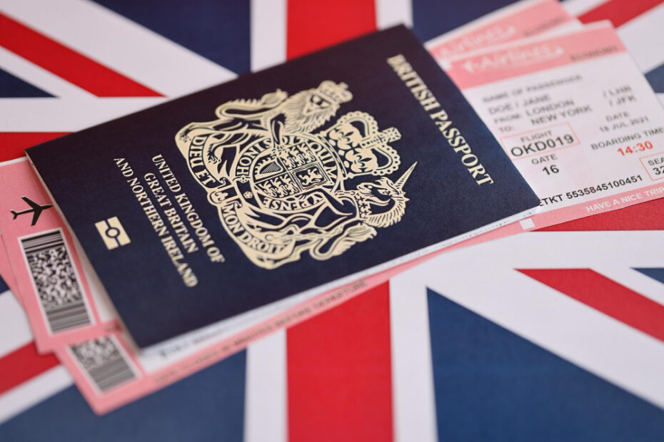A British passport placed in front of a flight ticket, symbolising approved travel or UK citizenship rights.