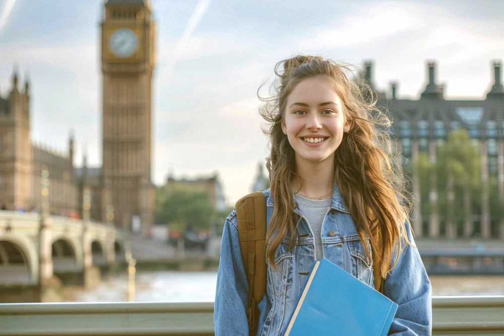 A girl student smiling, holding her notebook in front of the Big Ben and the River Thames who studies in the UK with a short term student visa.