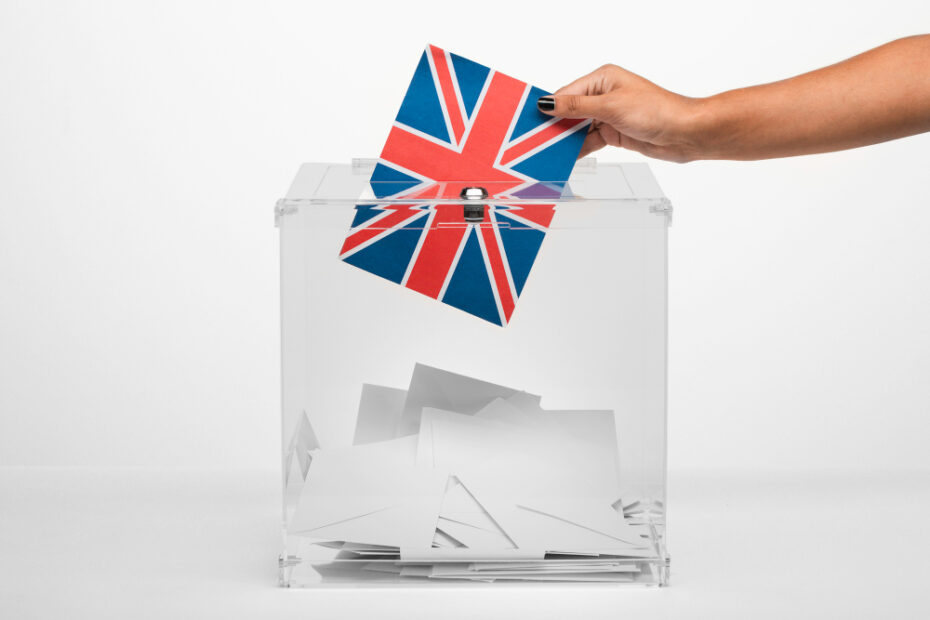 UK flag entering ballot box – vote for me.
