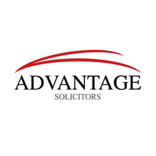 Logo featuring the words "Advantage Solicitors" in black text on a white background, topped with a red roof-shaped graphic.