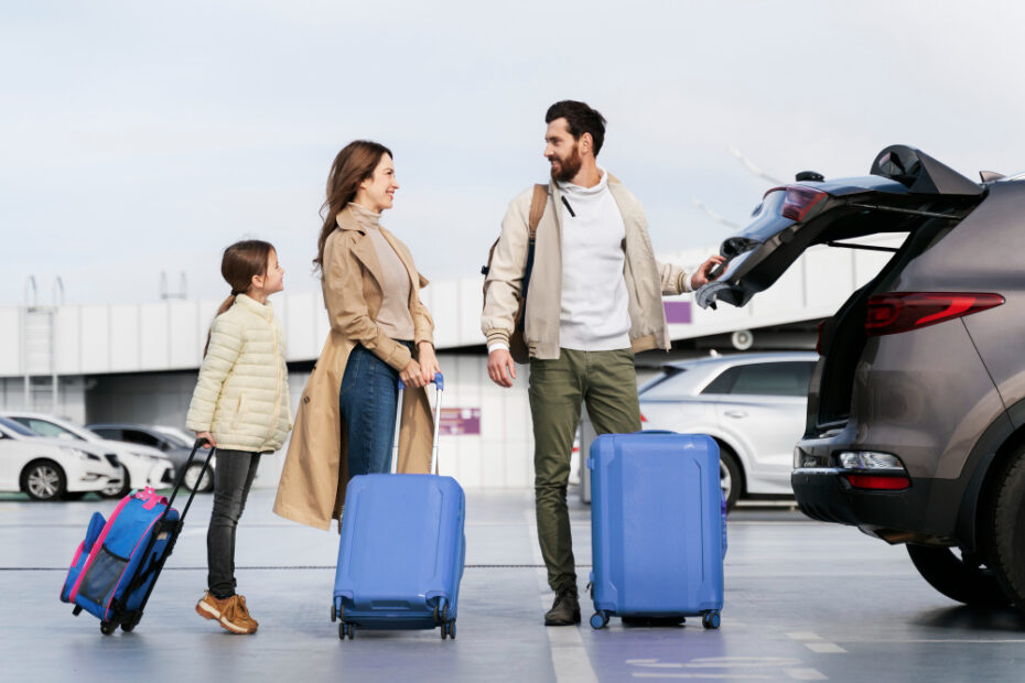 Couple or family on their way to the airport happy in good mood blue suitcases