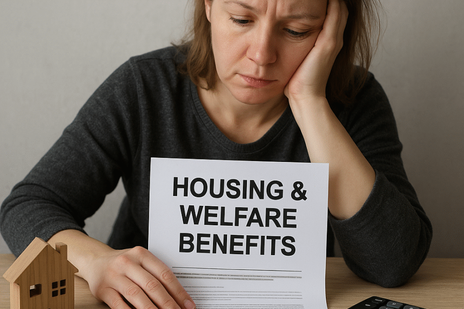 A concerned woman looking at a housing contract, with money on the table—symbolising financial hardship and need for housing or welfare support in the UK.