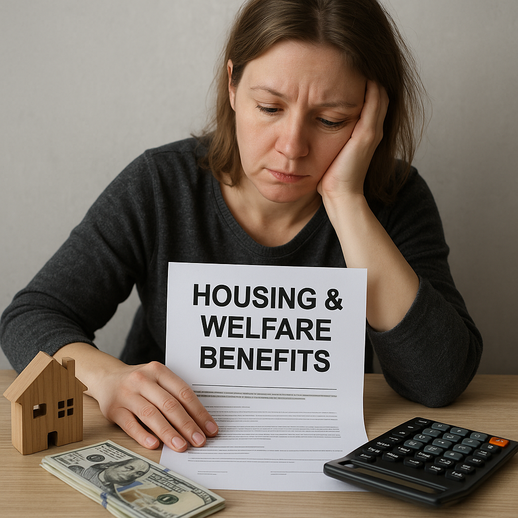 A concerned woman looking at a housing contract, with money on the table—symbolising financial hardship and need for housing or welfare support in the UK.