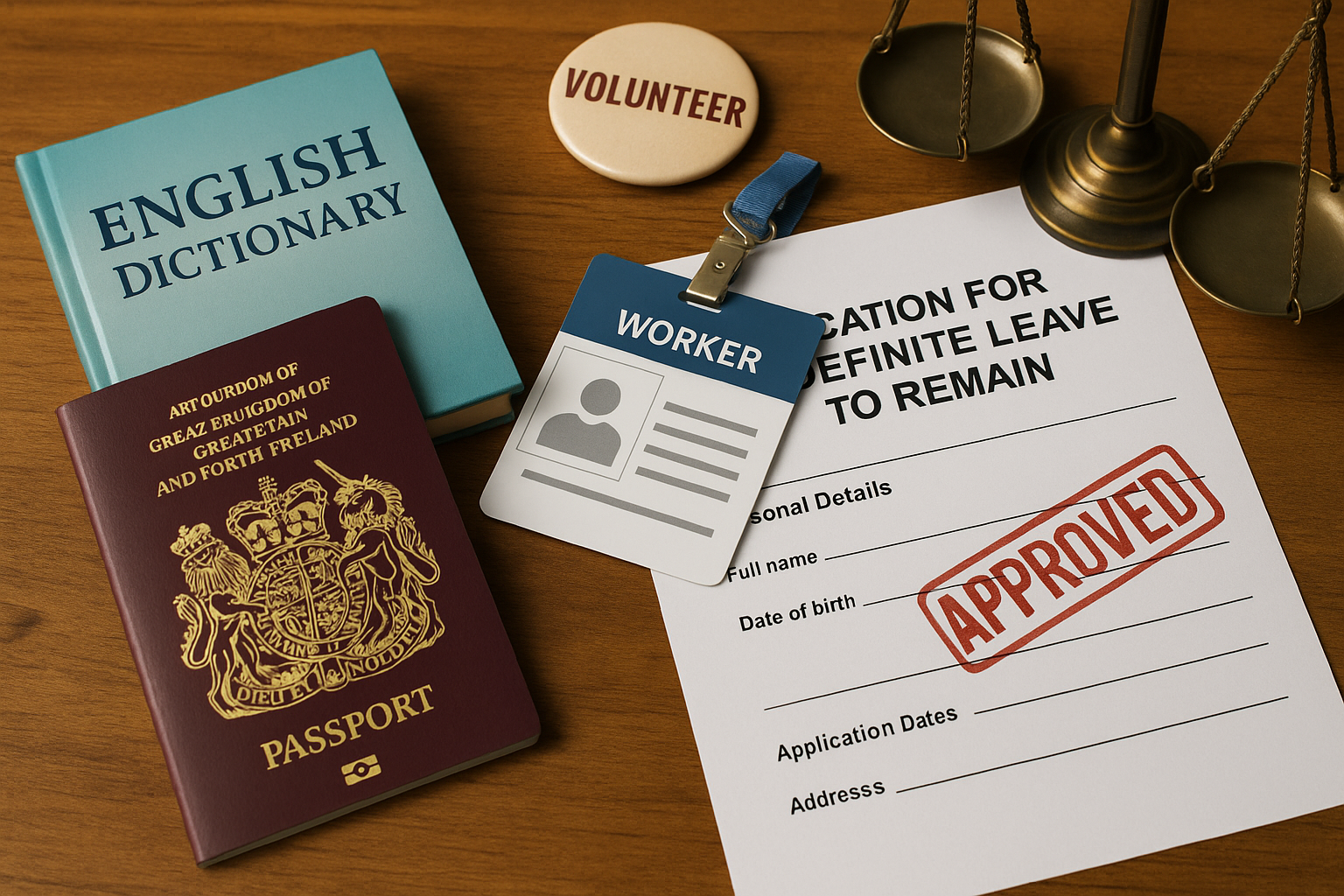 Image showing an approved Indefinite Leave to Remain document placed next to a British passport, symbolising settled status in the UK.