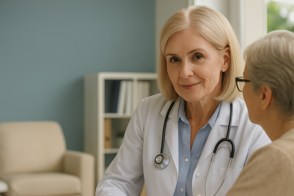 An elderly patient consulting with a female doctor, symbolising access to medical care in the UK under the Standard Visitor Visa for treatment