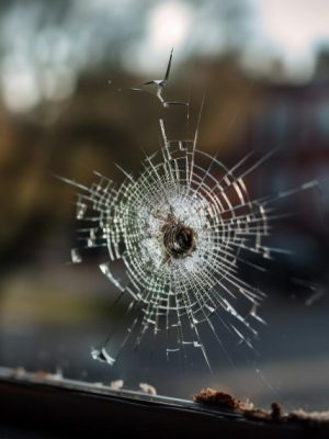 broken window looks like someone has thrown a stone